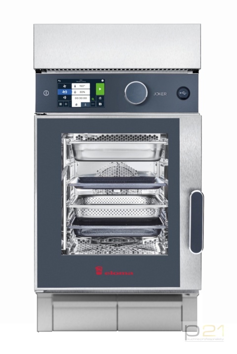 Piec konwekcyjno-parowy Joker ST 6x GN1/1, sterowanie górne, drzwi lewe, wersja mobilna, okap kondensacyjny, Eloma