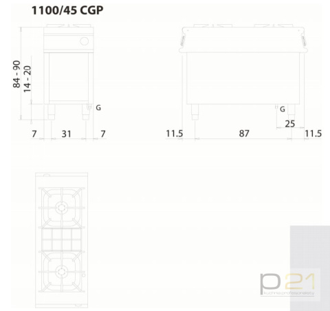 Kuchnia gazowa 2-palnikowa, na podstawie, 20 kW, Linia 1100, Olis Kuchnia gazowa 2-palnikowa, na podstawie, 20 kW, Linia 1100, Olis