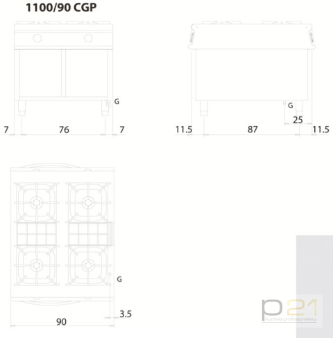 Kuchnia gazowa 4-palnikowa, na podstawie, 40 kW, Linia 1100, Olis Kuchnia gazowa 4-palnikowa, na podstawie, 40 kW, Linia 1100, Olis