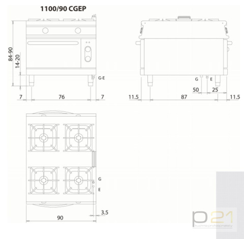 Kuchnia gazowa 4-palnikowa z piekarnikiem elektrycznym, 40 + 9 kW, Linia 1100, Olis Kuchnia gazowa 4-palnikowa z piekarnikiem elektrycznym, 40 + 9 kW, Linia 1100, Olis