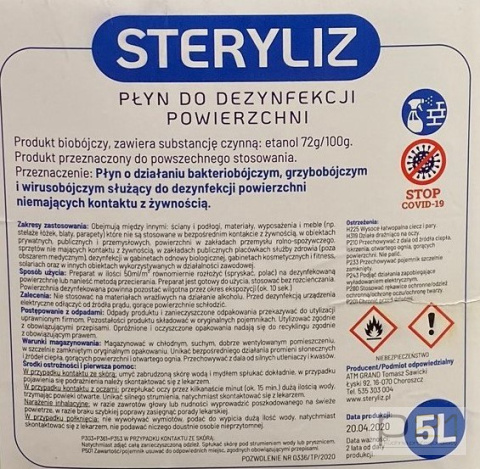 Płyn do dezynfekatora, dezynfekcji pomieszczeń i powierzchni, Steryliz 5 l Płyn do dezynfekatora, dezynfekcji pomieszczeń i powierzchni, Steryliz 5 l