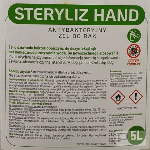 Gel/Żel do dezynfekcji rąk, Steryliz Hand 5 l Gel/Żel do dezynfekcji rąk, Steryliz Hand 5 l
